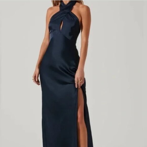 NWT Marissa Satin Halter Neck Midi Dress / Midnight Navy - Picture 1 of 6